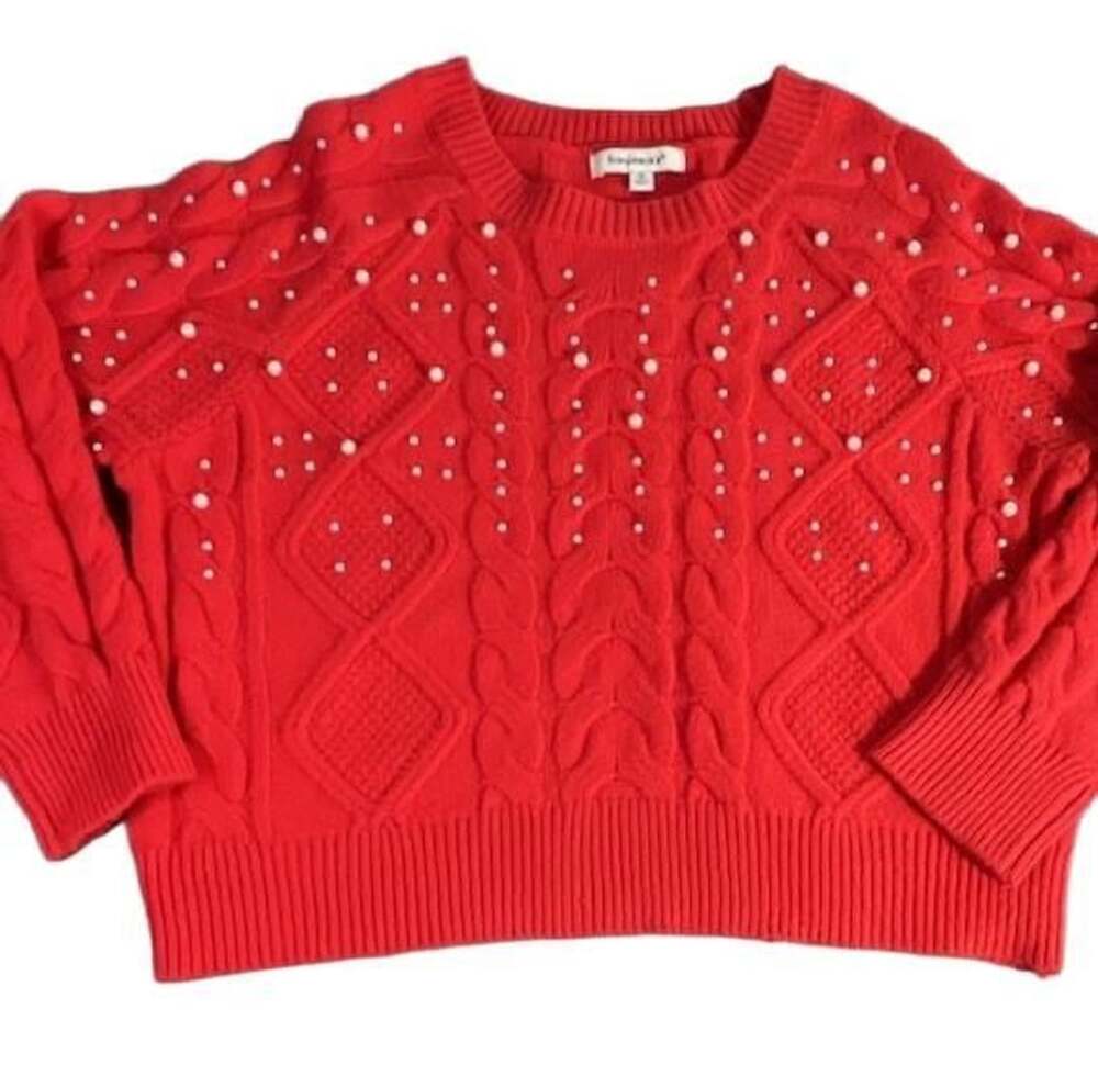 francesca's Red Pearl Embellished Cable-Knit Pullover Sweater Size S